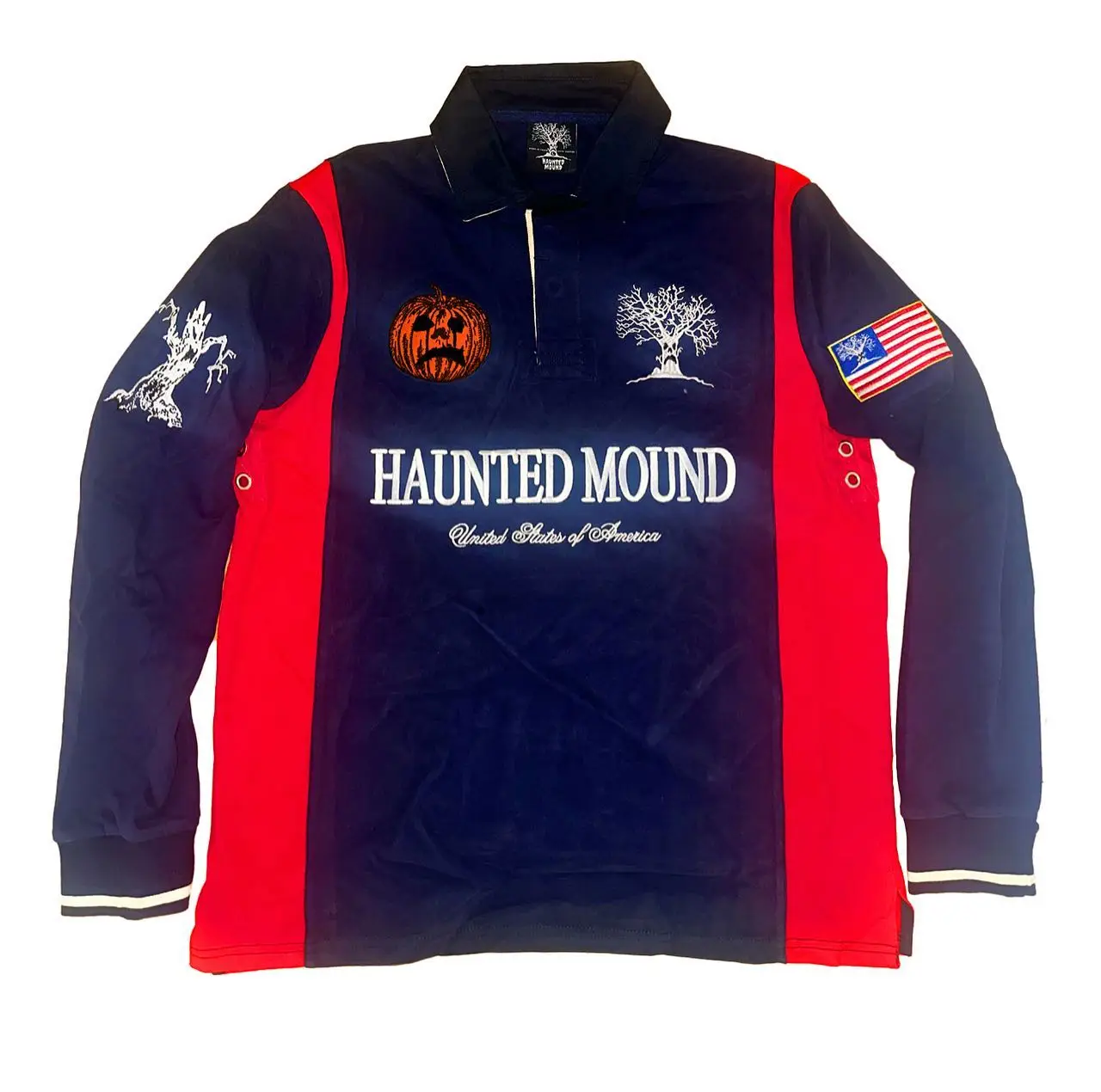 Haunted Mound America Long Sleeve Polo Shirt Y2k Casual Retro Patchwork Pattern Embroidery T Shirts Street Sweatshirt Jersey Men