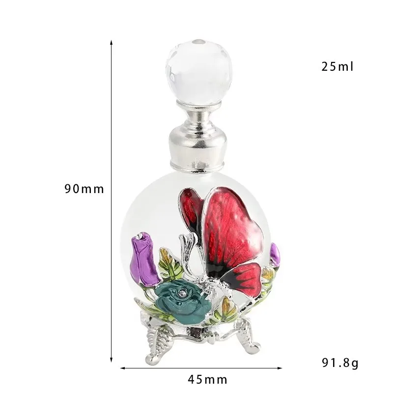 

30pcs 25ml Metal Zinc Alloy Butterfly Rose Perfume Bottle Empty Glass Essential Refillable Oil Attar Bottles Stainless Stick