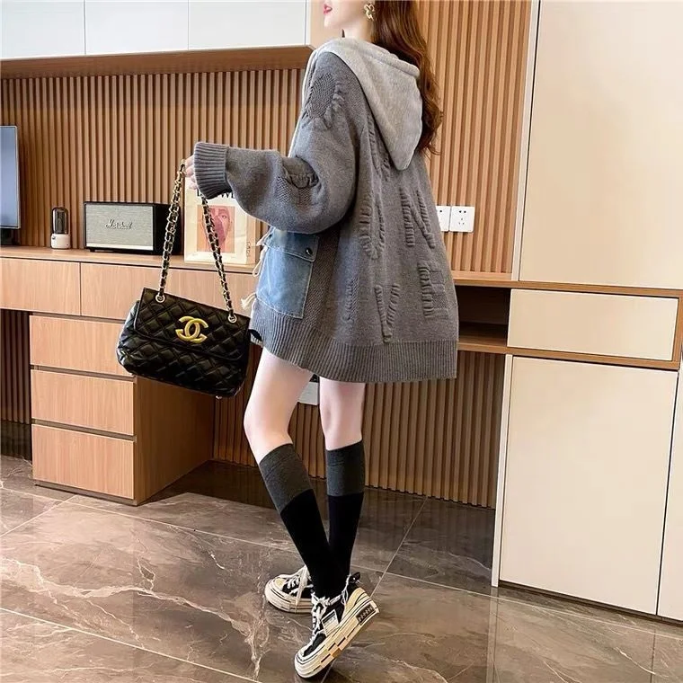 Women autumn Winter Sweater Cardigans Long Pockets Patchwork Knitted Jackets Button Up Hooded Sweater Jackets Warm Thick Sweater