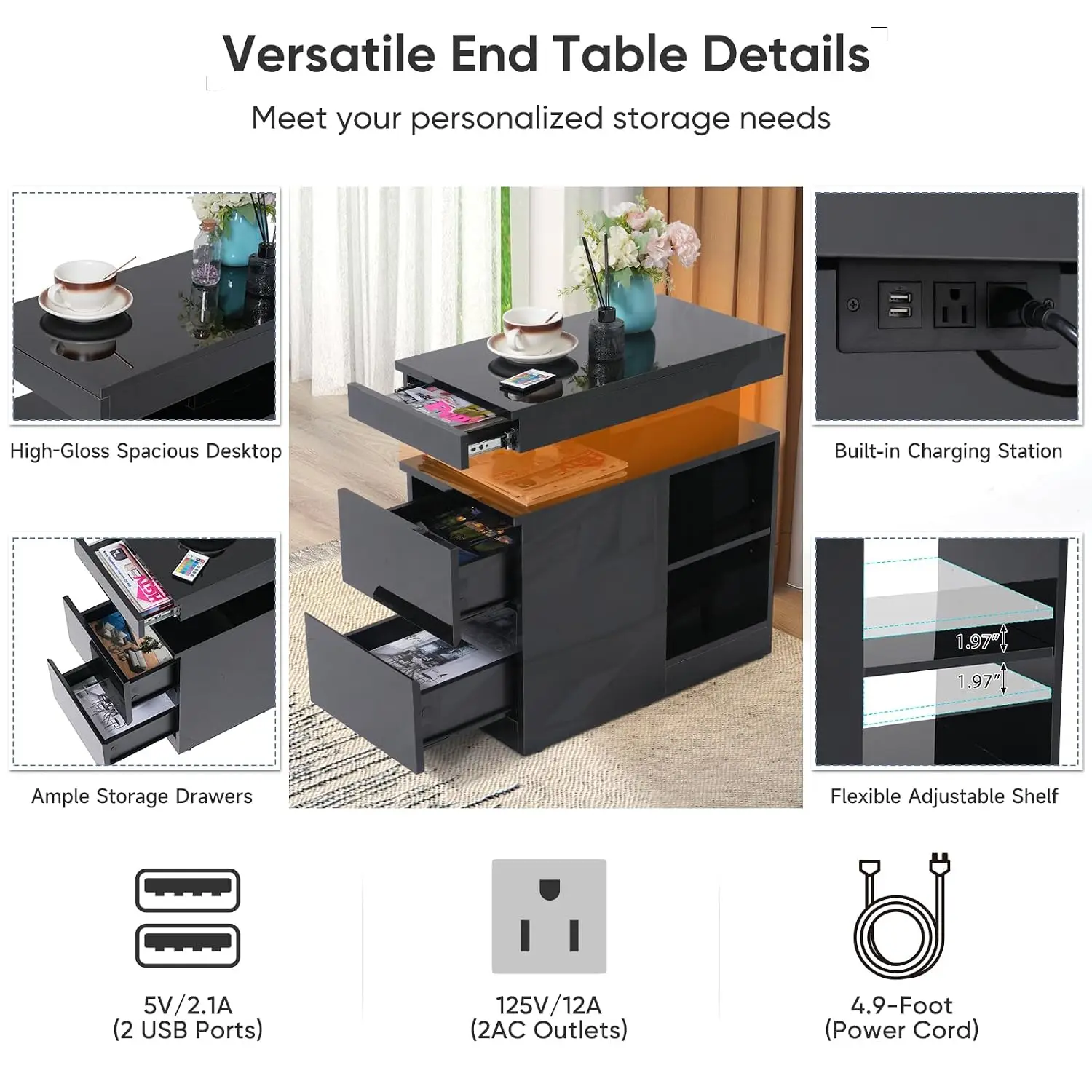 LED High Gloss Living Room Table Set 4-Piece with Storage, Customized