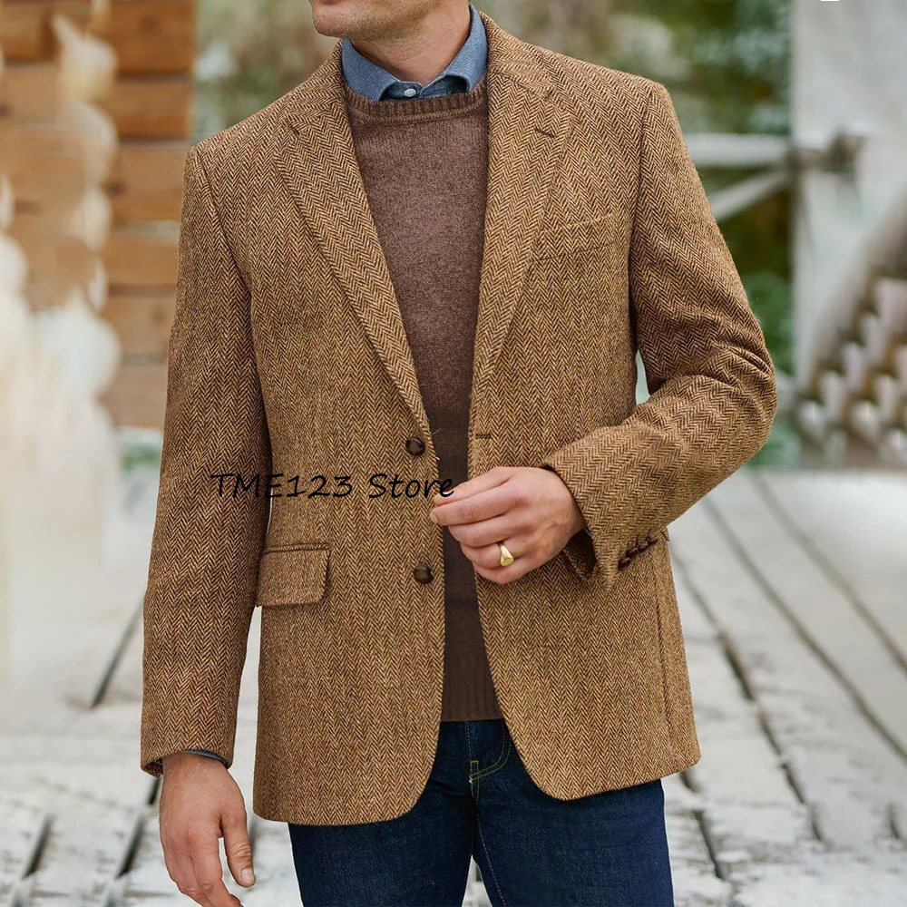 

Casual Style Urban Blazers Notch Lapel Man Jackets High Quality Men's Jacket Vintage Herringbone Fabric Single-breasted Suit