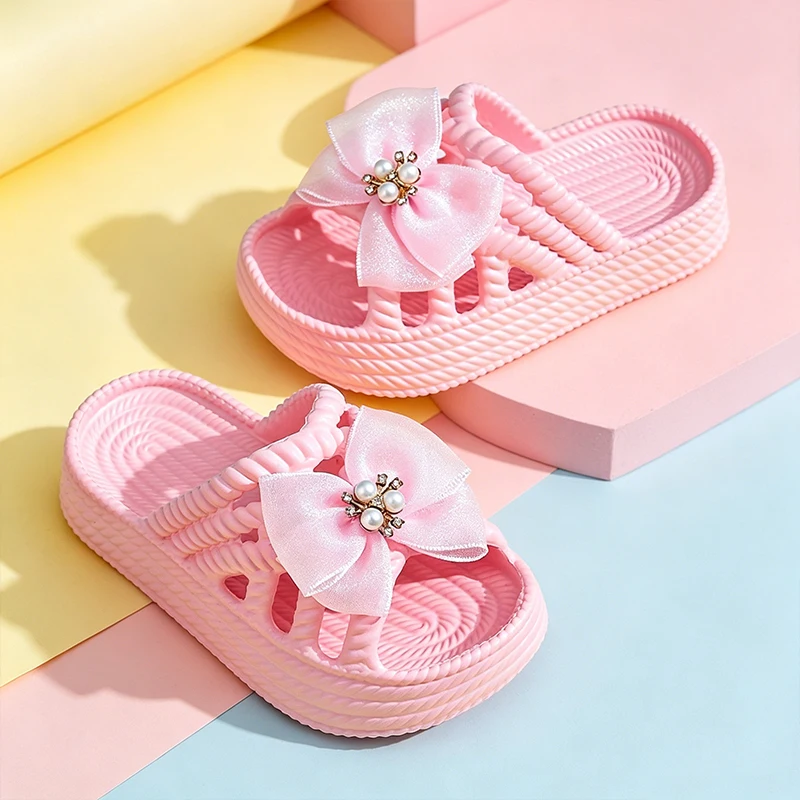 Süße Prinzessinnen-Sandalen für Mädchen mit Spitze und Perlen-Schleife, Gewebte Ausgehöhlte Dicke Plattform Rutschfeste Sommer-Pantoffeln – Detail 6