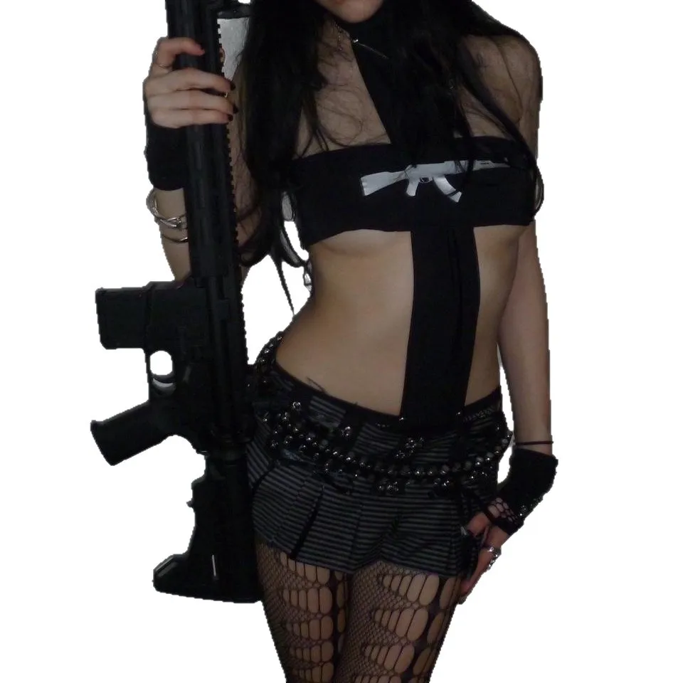 Y2K Black Gothic Cutout Crop Top Women's AK Gun Graphic Rivet Strap Backless Tube Top for Sexy Club Streetwear view 4