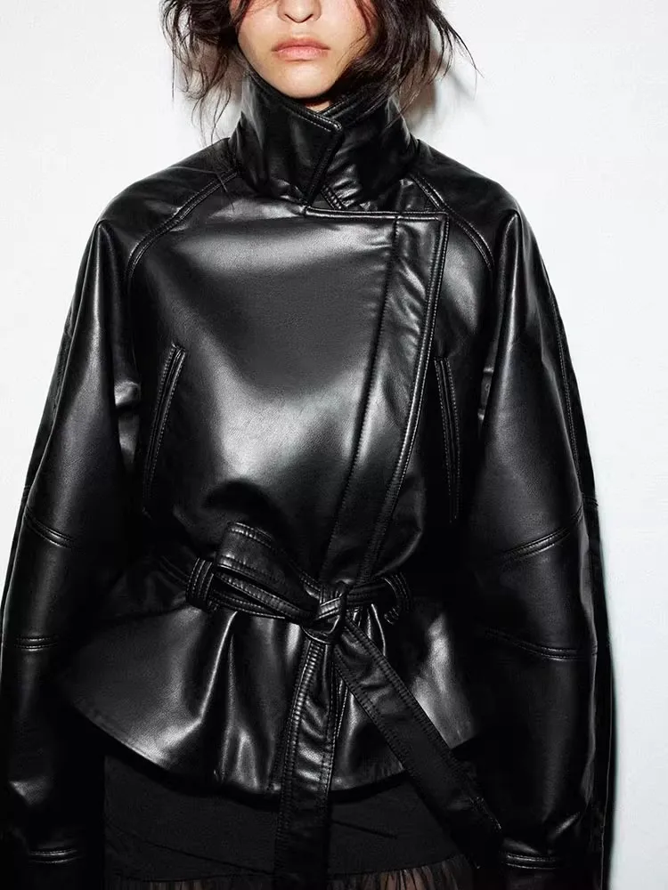 شتاء 2025 المرأة الأمريكية Sle مربوط Bla بولي Leather الجلود Jaet ort تنورة ملابس خارجية فضفاضة تناسب طويلة Sve سستة إغلاق #2