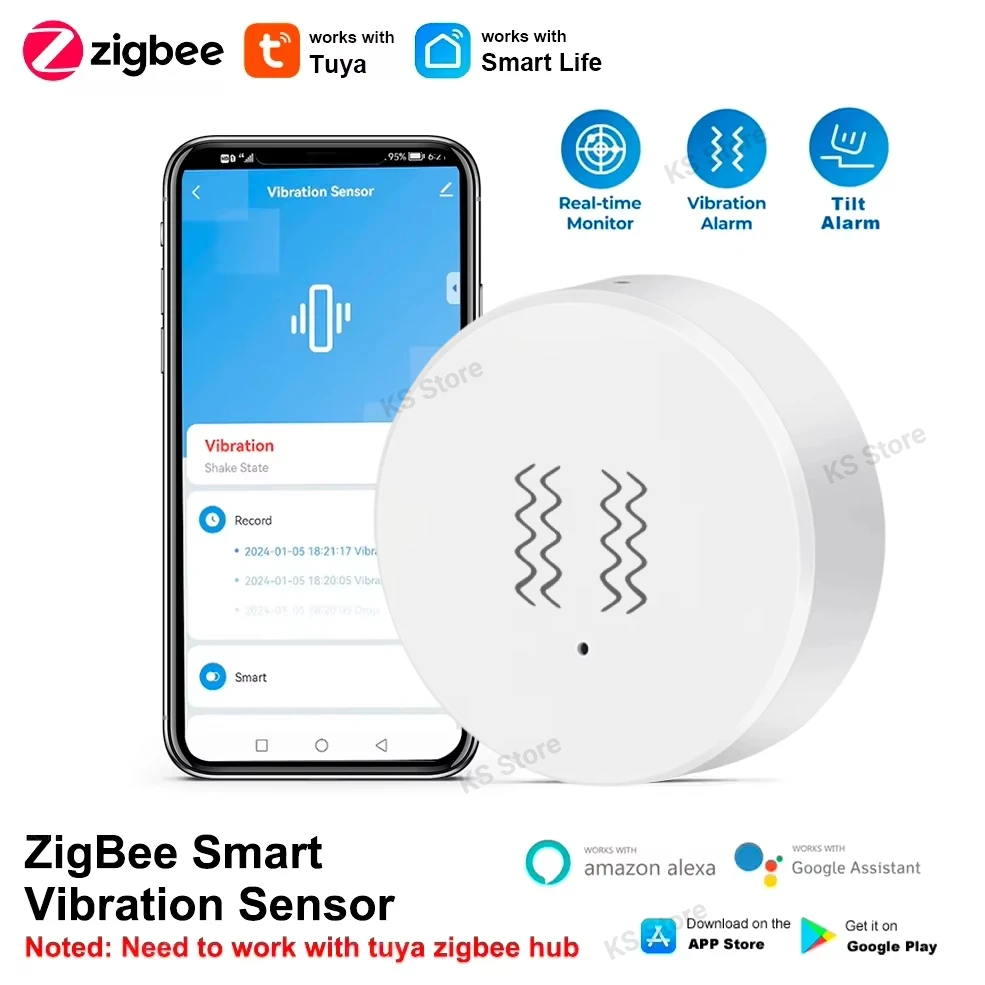 Умный датчик вибрации Tuya Zigbee, мониторинг в реальном времени, сигнализация обнаружения дверей, окон, умная система защиты дома