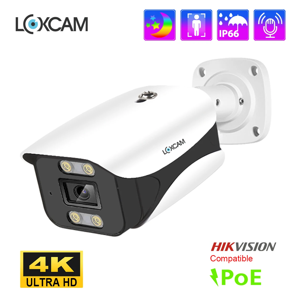 LOXCAM 4K 8MP POE IP Camera Ai Human Detection Audio Outdoor H.265 Metal 5MP Color Night Vision Security Camera for NVR Onvif