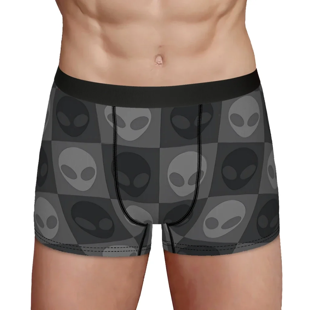 Gray Space Alien Checkered Pattern Alien UFO Pattern Underpants Breathbale Panties Male Underwear Sexy Shorts Boxer Briefs