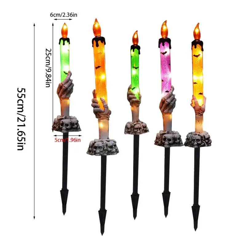 Lampe à bougie à main centralisée colorée, lumières solaires d'Halloween, LED, étanche, atmosphère extérieure, lumières décoratives de chemin de fer, 5 pièces