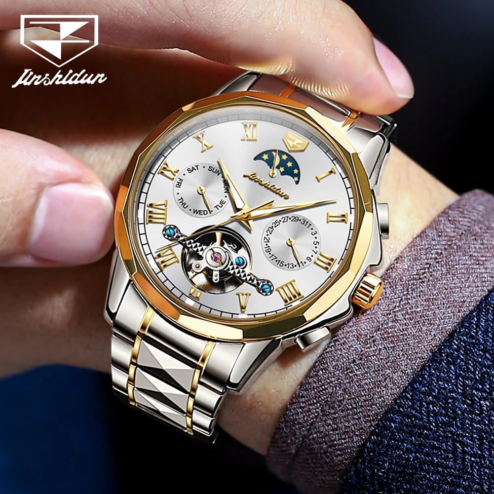 JSDUN-Reloj de pulsera de acero de tungsteno para hombre, cronógrafo multifuncional de lujo, resistente al agua hasta 50ATM, fase lunar, 8937