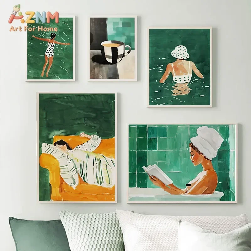 AZNM Green Abstract Lady Life Canvas Wall Art, Retro Woman Bath Reading Swimming Figure Print, Unframed Canvas Painting for Mode