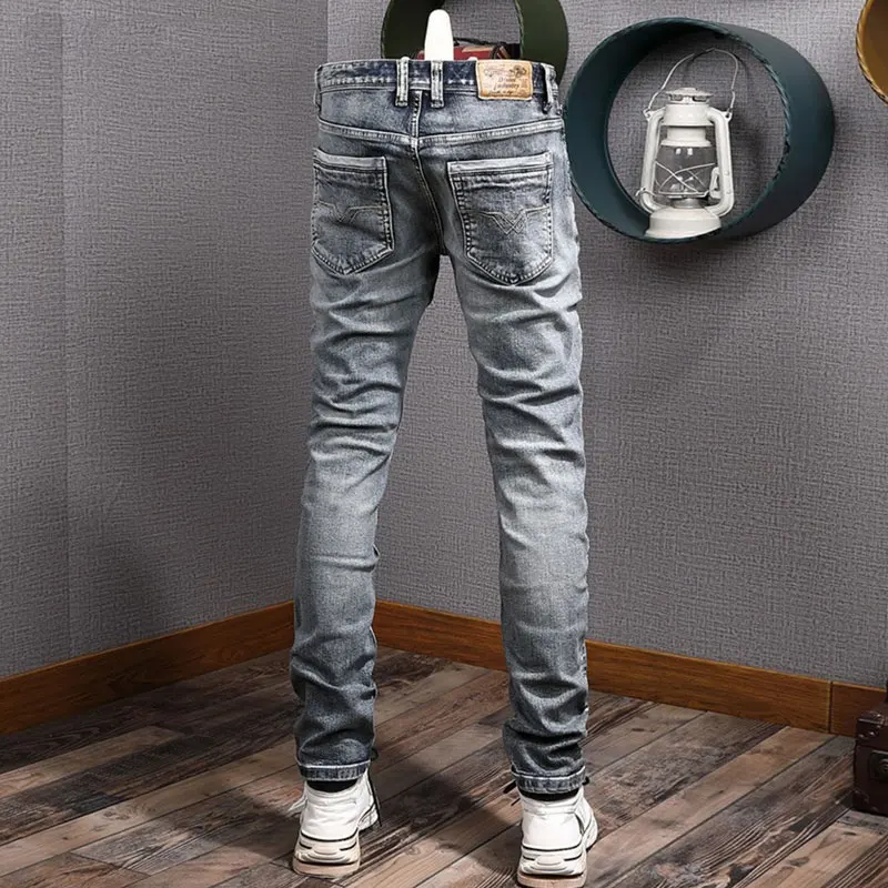 Italian Style Fashion Men Jeans Retro Washed Blue Elastic Slim Fit Ripped Jeans Men High Quality Vintage Designer Denim Pants