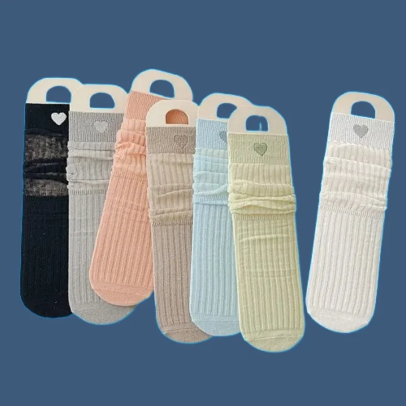 2/5 Pairs 2024 Mesh Breathable Japanese Sweet College Socks Love Spring and Summer Double Needle Thin Middle Tube Stacked Socks