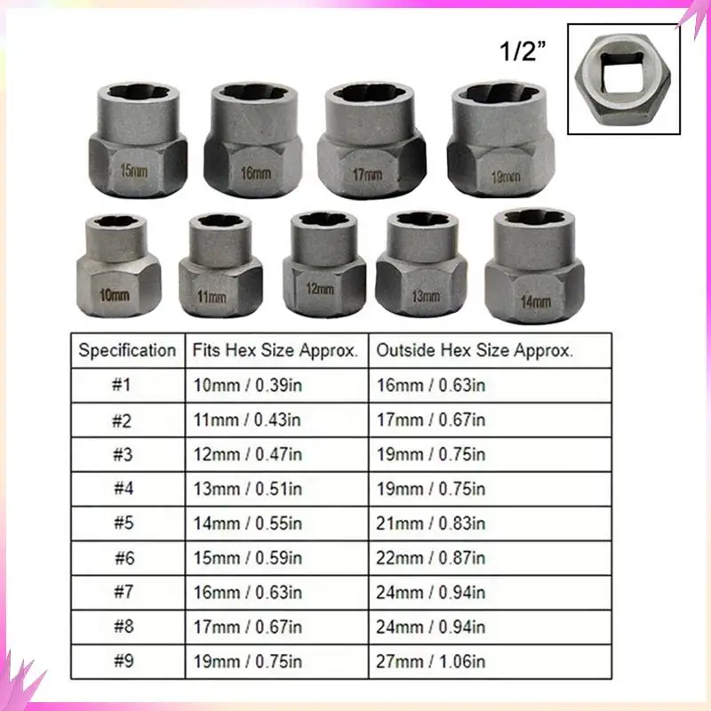 B50C 10Pc Nut Extractor 1/2 Square Hole Air Cannon Electric Wrench Use Sliding Nut To Remove Red Box Tool Set
