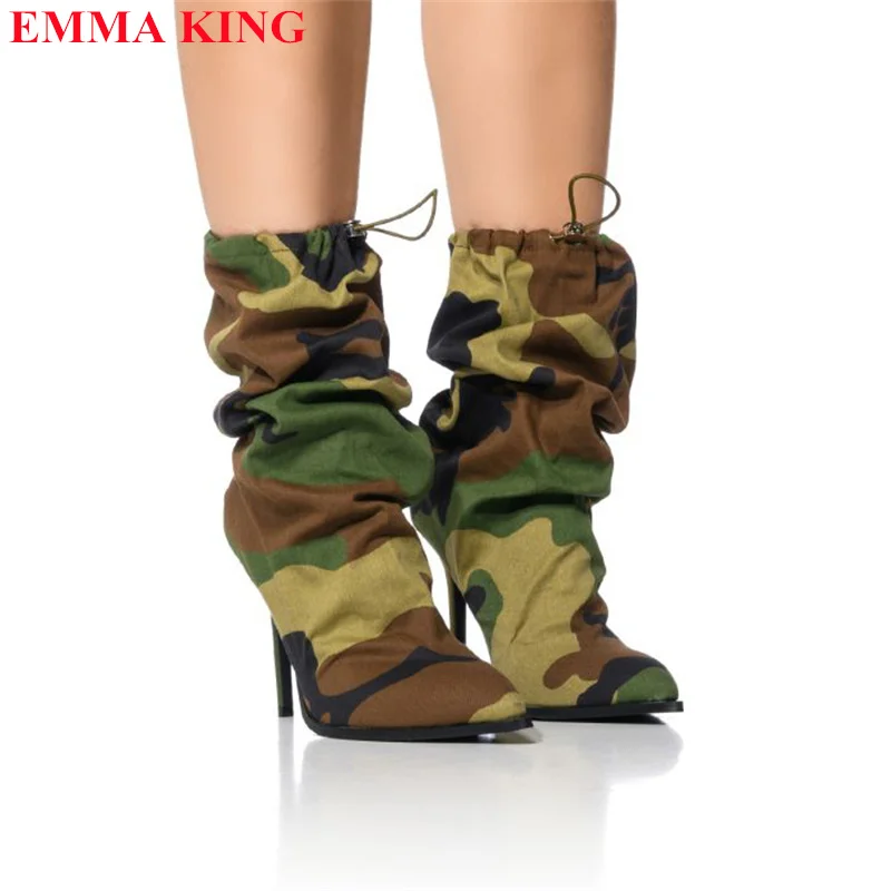 

Female Camouflage Color Pointed Toe Ankle Boots Black Elastic Band High Heels Womens Boots Winter And Autumn Casual Shoes Woman