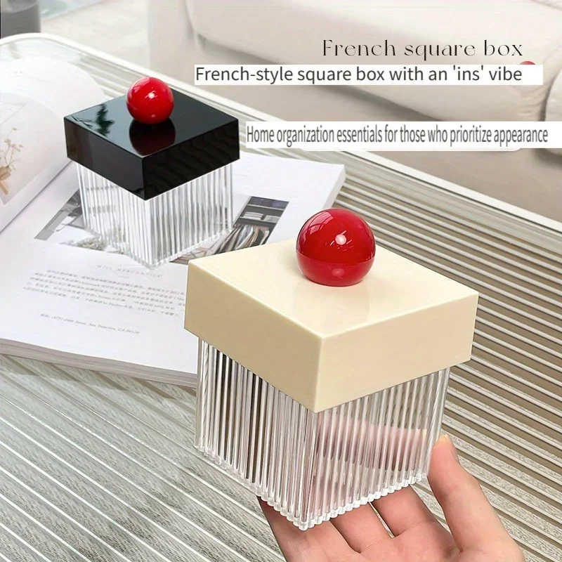 French Square Clear Plastic Cotton Swab Holder with Chic Red Sphere Lid - Countertop Makeup Organizer Cotton Swabs, Toothpicks