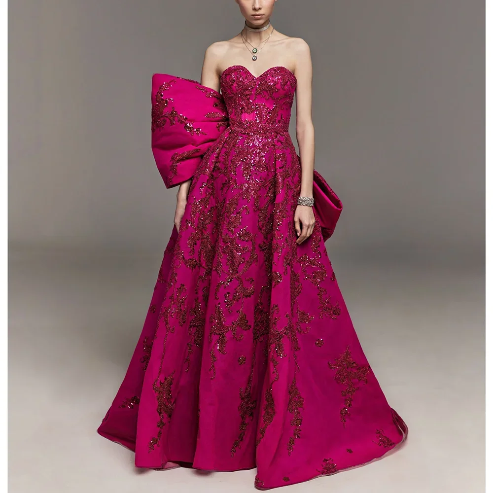 Luxury Rose Evening Dress with Sequined Fashion Strapless Sweetheart A-Line Gowns Elegant Floor Length Women Party Prom Dress