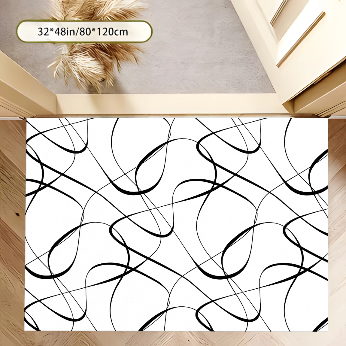 2D Large Carpet Black White Art Flowing Curve Minimalist Modern for Living Room Coffee Table