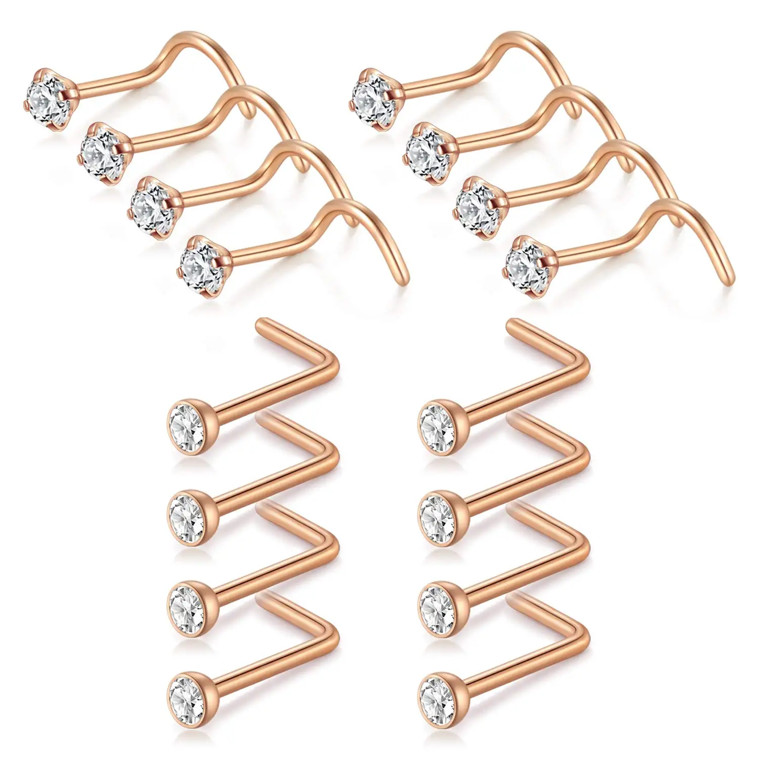 8pcs/16pcs Rose Gold Nose Screw 20G Nose Ring Bend Nose Studs Screws for Cubic Zircon Body Piercing Jewelry For Women and Men