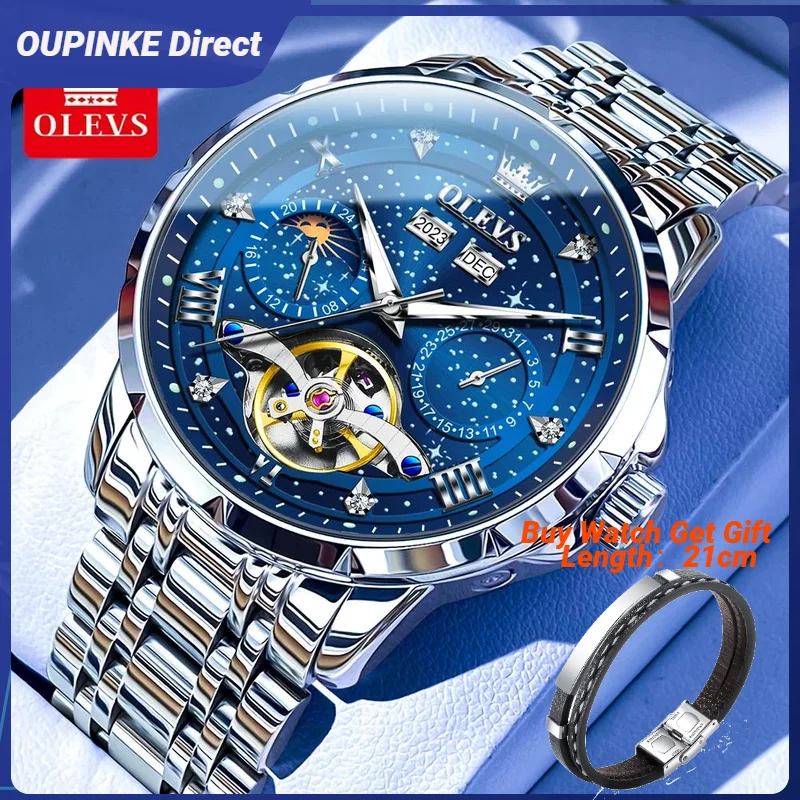 OLEVS 6690 orologi da uomo volano cielo stellato quadrante Design diamante impermeabile in acciaio inox doppio calendario orologi da polso da uomo