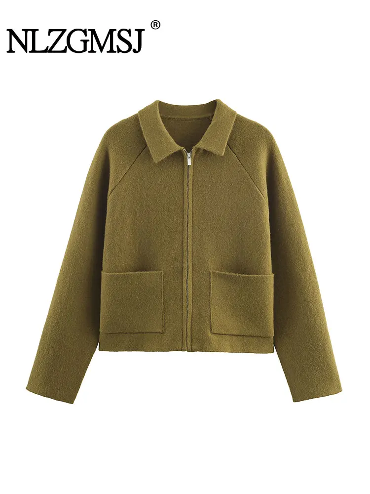 

NLZGMSJ Women Fashion Knitted Cardigan Long Sleeve Pocket Lapel Short Sweater Cardigans Autumn Winter New Knitwear Coat