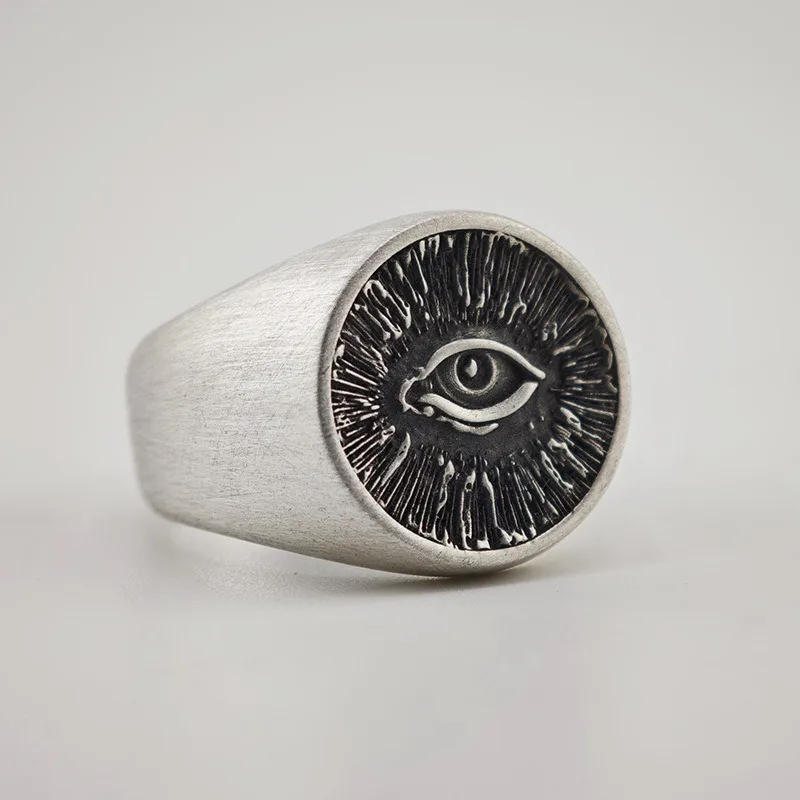 Vintage Luxury Silver Plated Eye of God Open Ring, Hand Carved Niche Versatile Punk Unisex Adjustable Statement Jewelry Gift