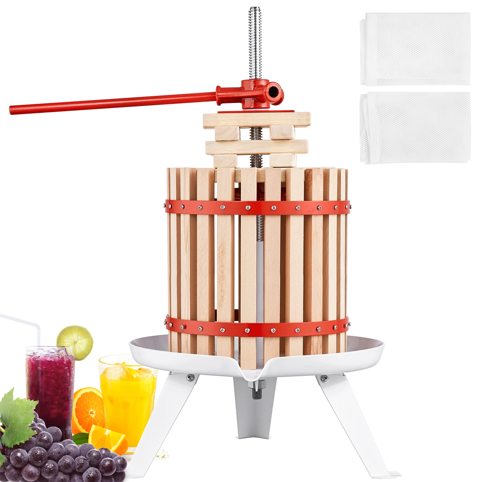 VEVOR Fruit Wine Press 6L/18L/12L Solid Wood Basket  6 or 8 Blocks Manual Juice Maker with Pole Handle Bar for Kitchen and Home