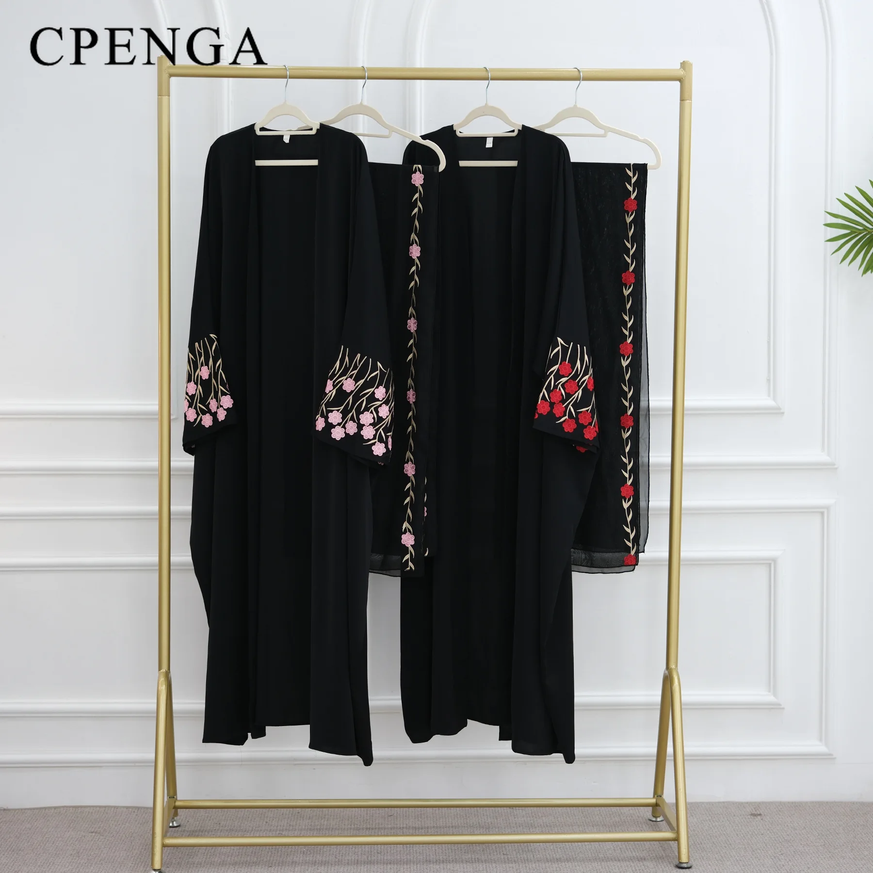 Luksusowy kardigan z haftowanymi rękawami dla muzułmańskich kobiet Ramadan Modest Abaya Dress with Hijab Elegant Islamic Party Turkish Outfit
