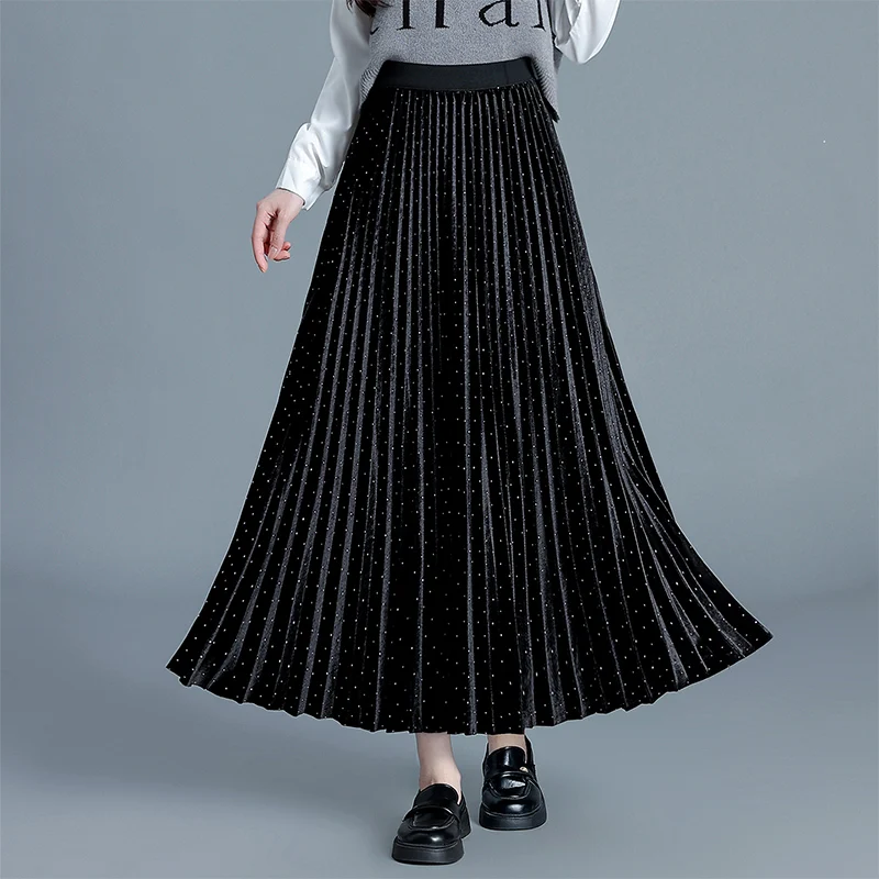 

iny Diamond Night Velvet f Skirt Women's High Waist Slimming Pleated Long Skirt Large Swang Skirt Ele Sle