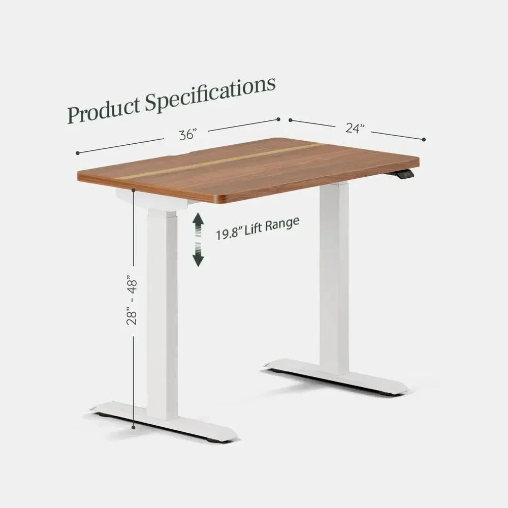36 Adjustable Standing Desk with 20 Height Range, OLED Panel, Compact Design, White Base, Walnut Top
