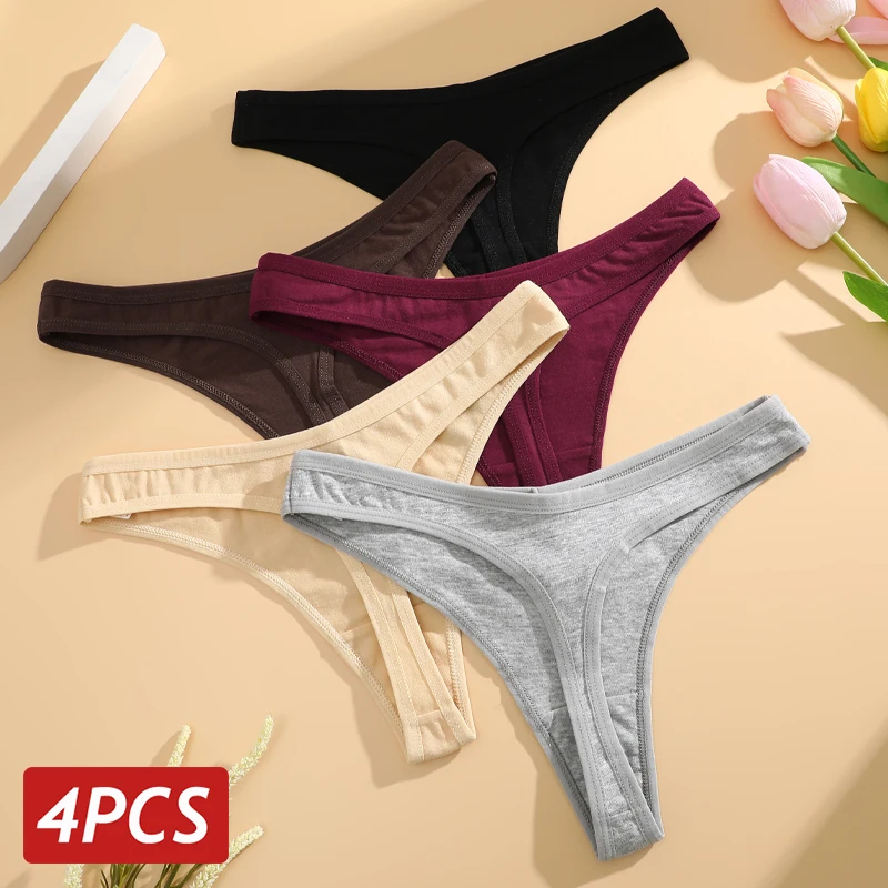 

4PCS/Set Women Cotton Panties Seamless Low Rise Thongs V-Waist Solid Color Breathable Underwear Female Soft Lingerie Intimates