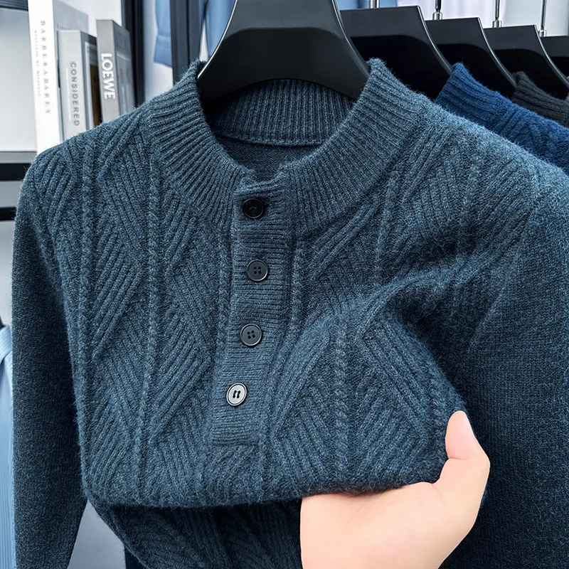 

Fashion button round neck knitted sweater men high-quality personality solid color jacquard thicken warm comfort casual pullover