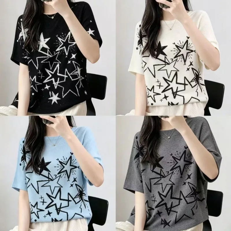 Miyake Pleated 2026 Star Print Pleated T-Shirt for Women Summer New Loose Fit Slimming Age-Reducing Versatile Plus Size Top