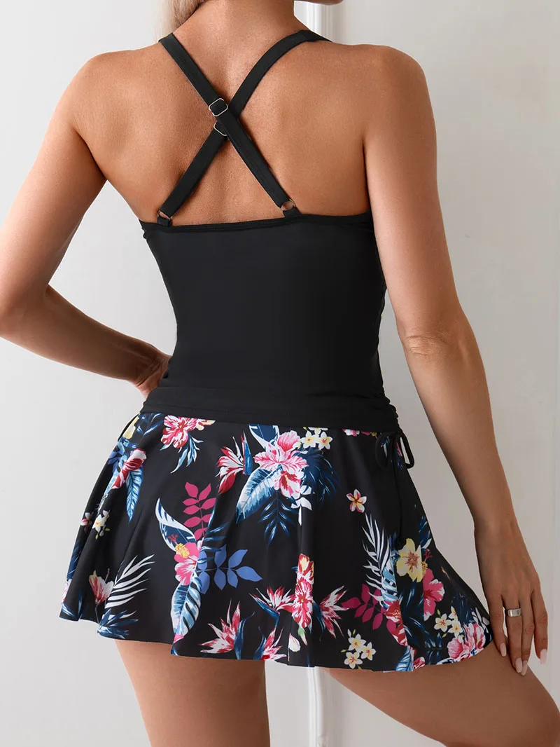 Two Piece Women Swimwear Floral Print Tankini Set High Stretch Crew Neck Criss Cross Beachwear Adjustable Strap Skirted Swimsuit