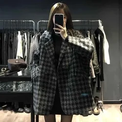 Fashion Houndstooth Faux Wool Jacket Women Korean Loose Elegant Double Breasted Suit Overcoat Winter Thick Warm Blend Outerwear