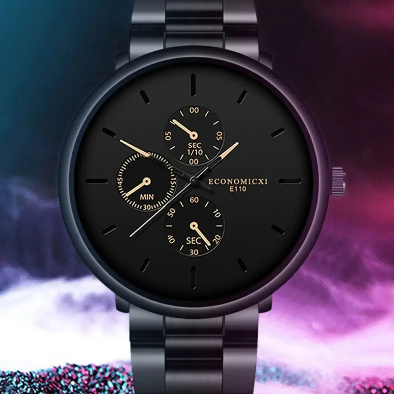 1Pcs Men's Casual Fashion Business Three Eyes Rose Needle Digital Steel Band Quartz Watch Designed For Successful Men Classic