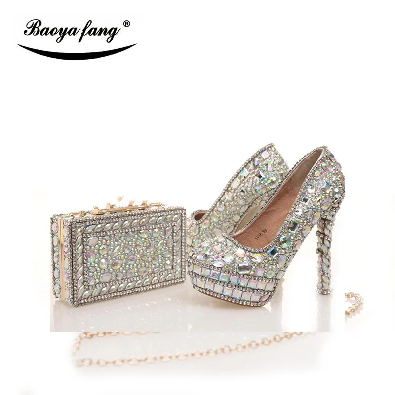 

Womens wedding shoes with matching bags Shining Crystal real leather Bride shoes and purse sets platform shoes Big size 43