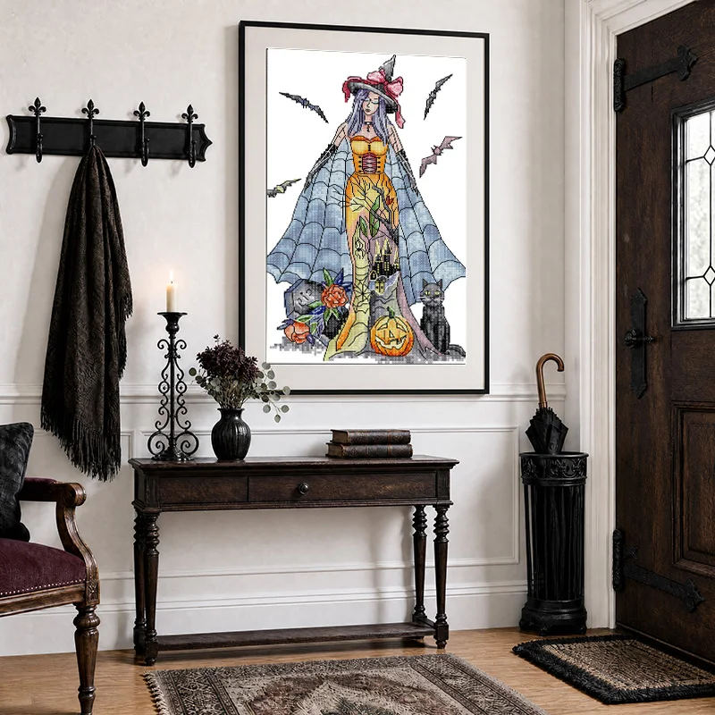 Joy Sunday DIY Cross Stitch Set Halloween Witch 11/14/16CT Aida DMC Cotton Thread Embroidery Spooky Home Wall Decor Craft Gift