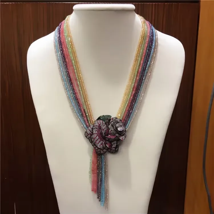 

20'' 12 Strands Natural Multi Color Crystal Flower CZ Pave Connector