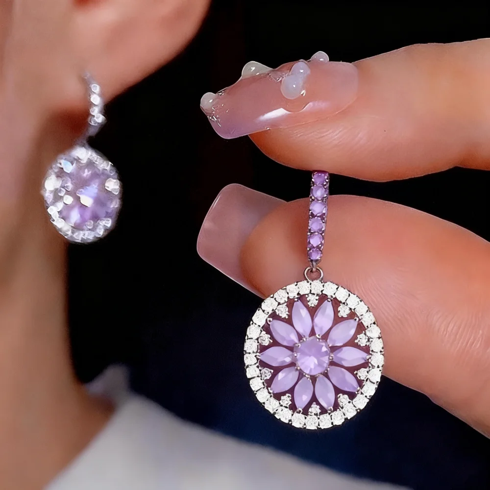 جولة قلادة زهرة هوب أقراط للنساء فضية اللون الوردي الأرجواني الزركون الأذن مشبك الزفاف حفل زفاف مجوهرات متعددة الاستخدامات #1