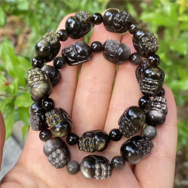 Chinese Style Lucky Pixiu Golden Obsidian Silver Obsidian Tiger Eye Stone Bracelet Unisex Wealth Attracting Good Fortune Blessin