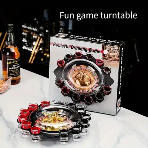 Russian roulette drinking wheel set with mini shot glasses, universal party prop for bars, KTVs and nightclubs. Great gift for gatherings, Christmas and New Year, ideal interactive game for holiday parties and family & friends get-togethers.