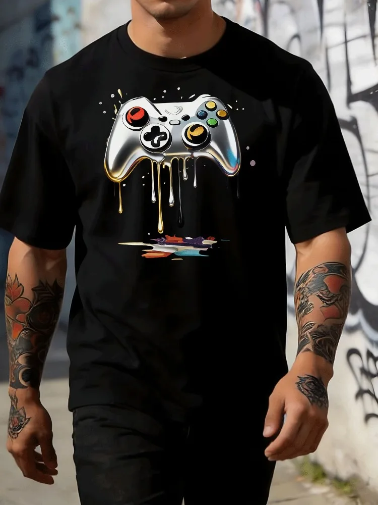 Mens Round Neck Tee Dripping Metallic Game Controller Graphic Print Soft Cotton Gamer Lover Urban Street Casual Short Sleeve Top