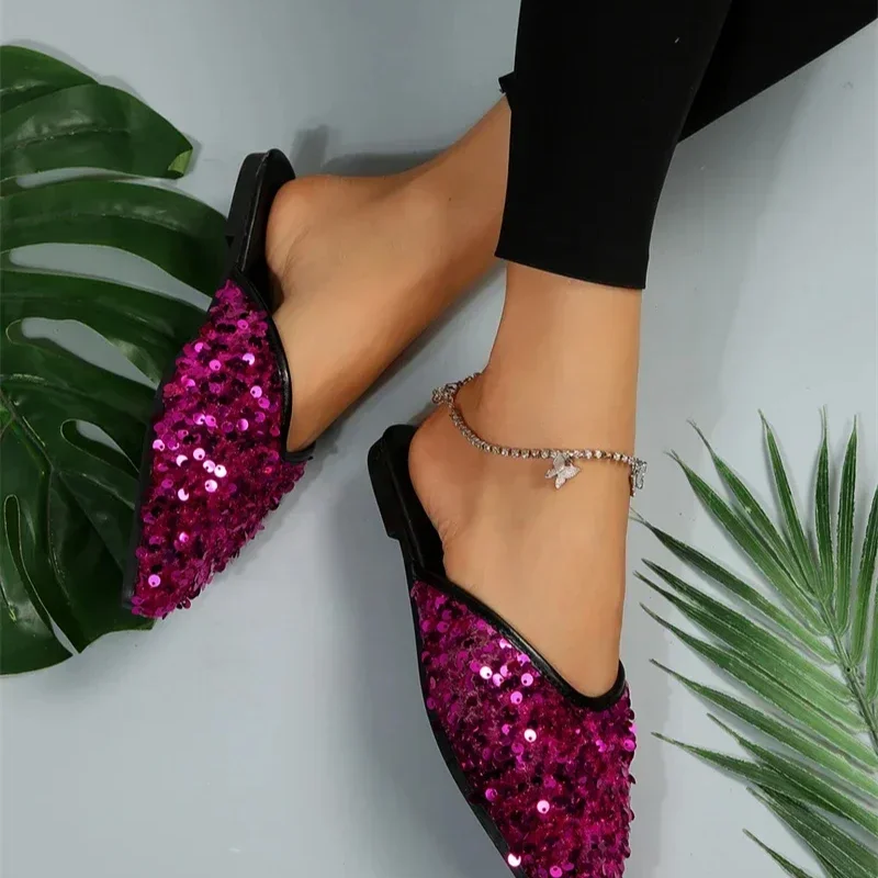 2024 New Summer Style Fashionable, Comfortable, Casual and Versatile Flat-soled Sequined Wear-resistant Slippers and Sandals