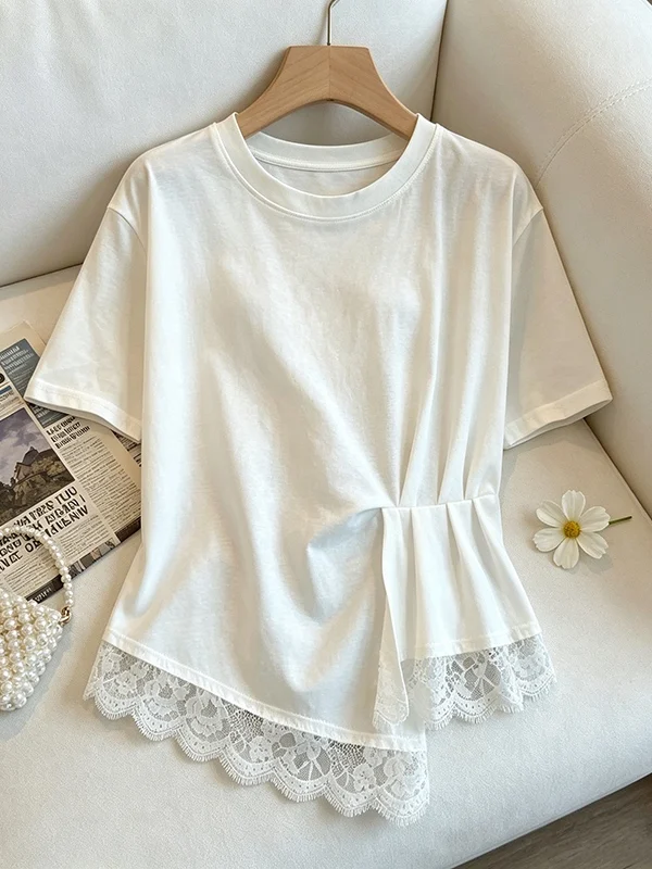 

Summer Fashion plus Size Women's T-Shirt Lace Splicing Short Sleeve Slimming Top Versatile round Neck Korean Style Commute Wind