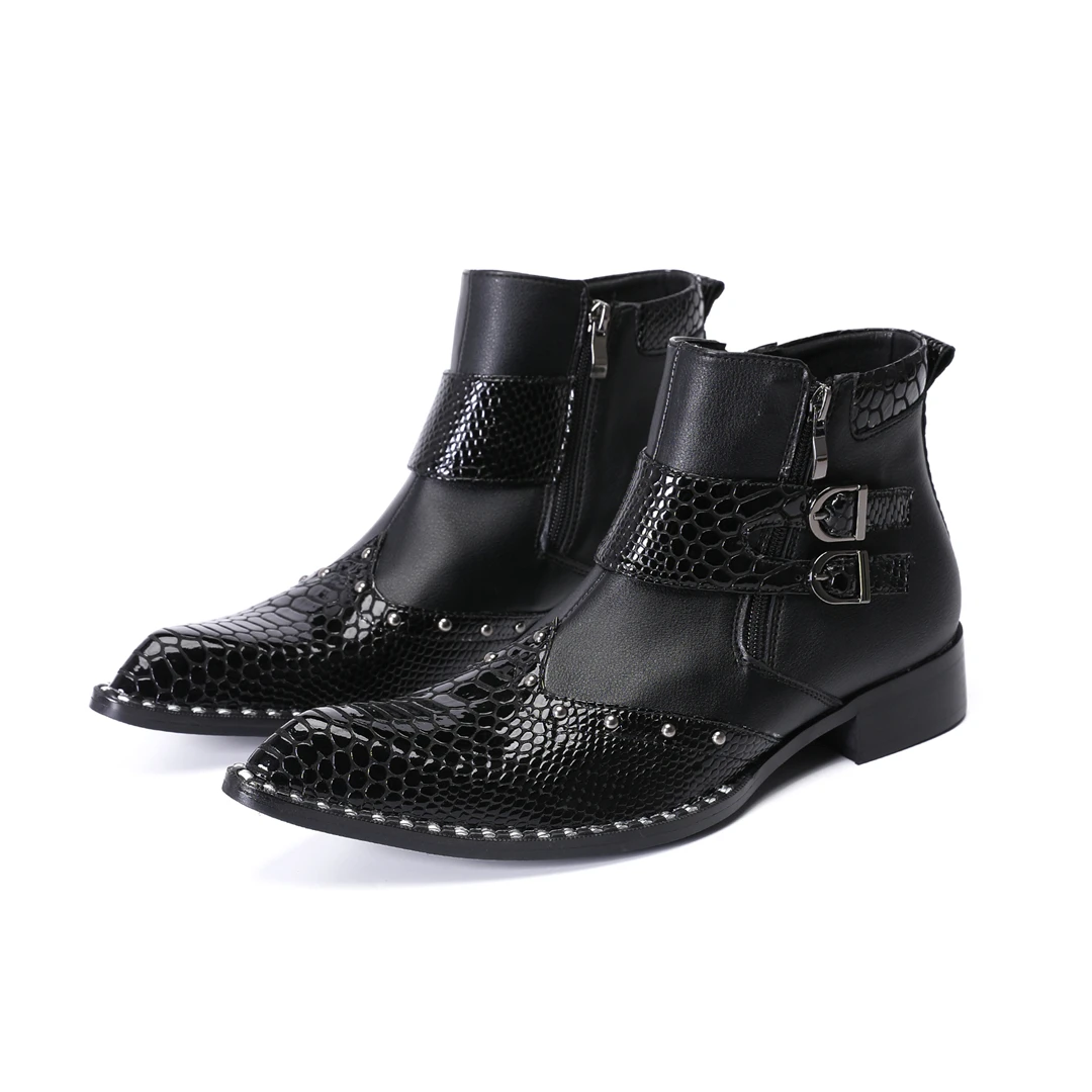 fashion rivets pointed toe men genuine leather motorcycle ankle boot large size night club party dress boots male business shoes view 2