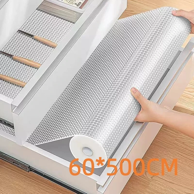 Non-Adhesive EVA Shelf Liner with Dots 60x500cm Cabinet Drawer Fridge Mat Kitchen Cabinet Protector Washable Anti-Slip Shelf Pad