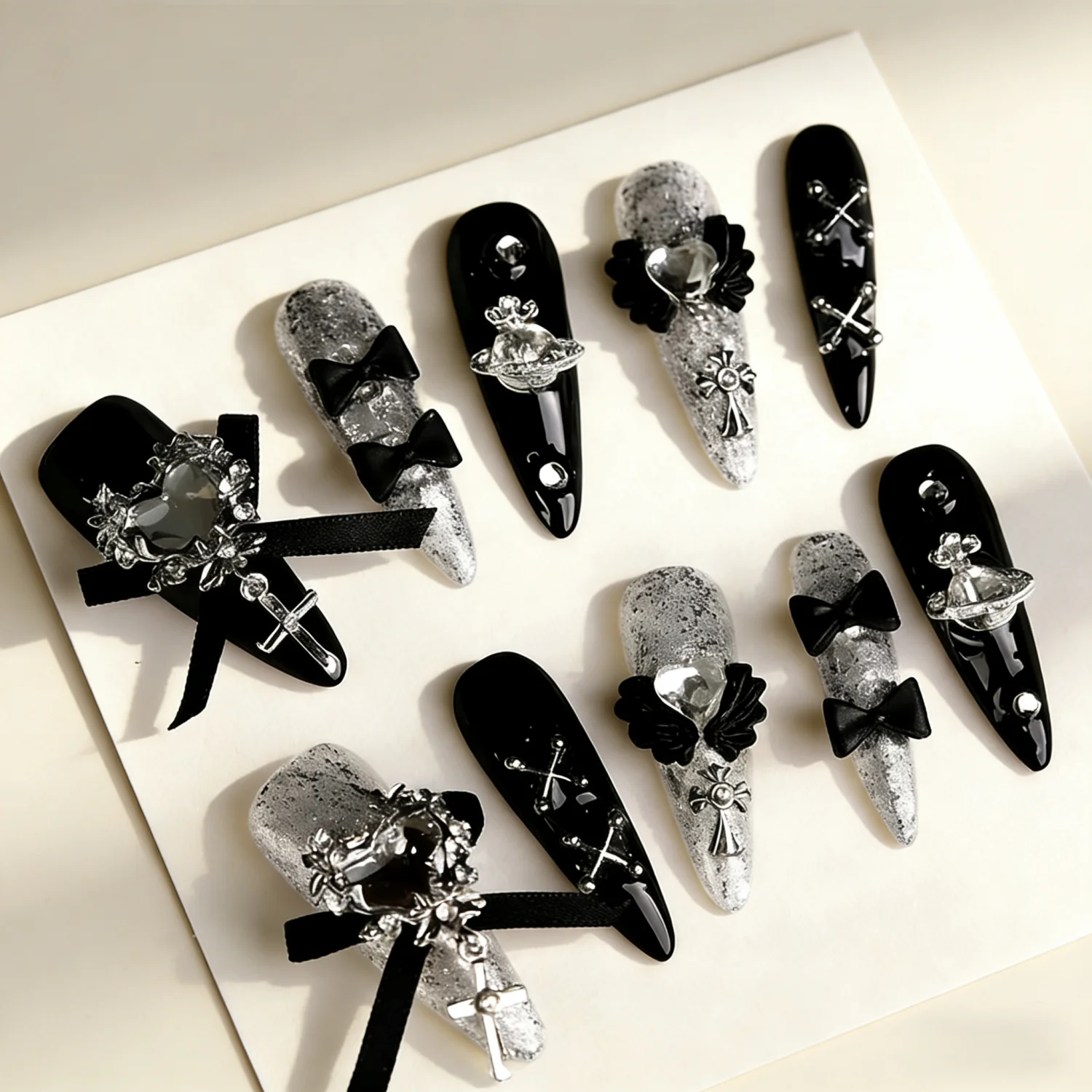

Y2K 10PCS Handmade Press on Nails Black Bow Tie Wearable Cute Long Almond False Nails Reusable Full Cover Nails Art Spice girls