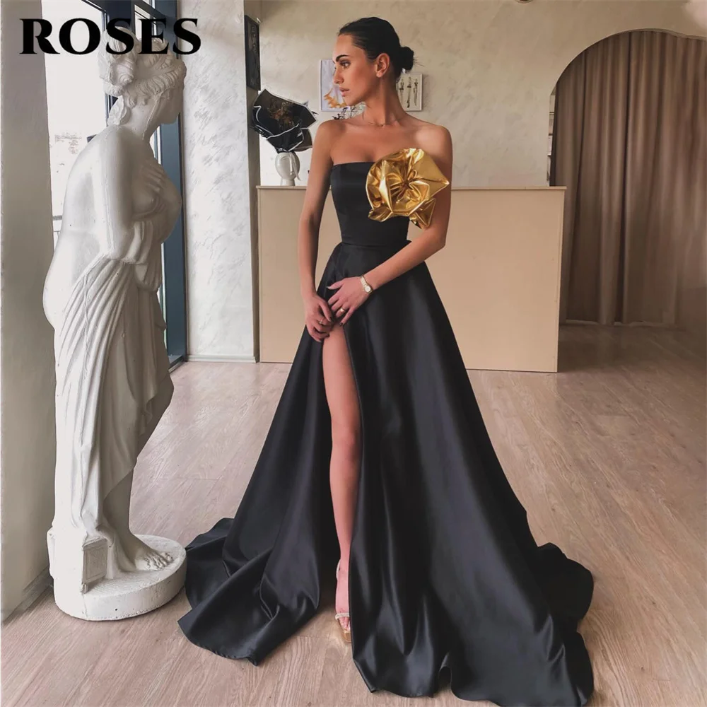 

ROSES Black Stain 3D Flower Evening Gown Elegant A Line Prom Dress Strapless Wedding Evening Dress with Split robes de soirée