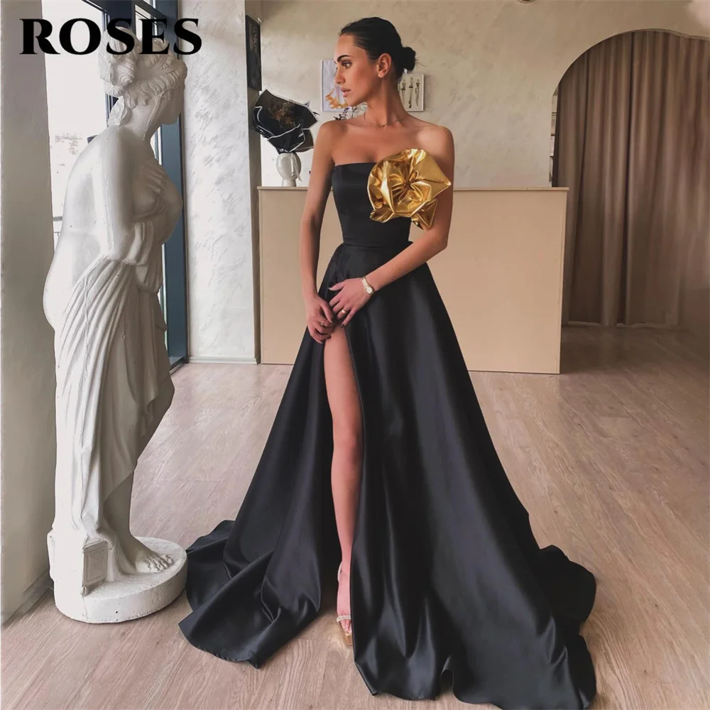 ROSES Black Stain 3D Flower Evening Gown Elegant A Line Prom Dress Strapless Wedding Evening Dress with Split robes de soirée