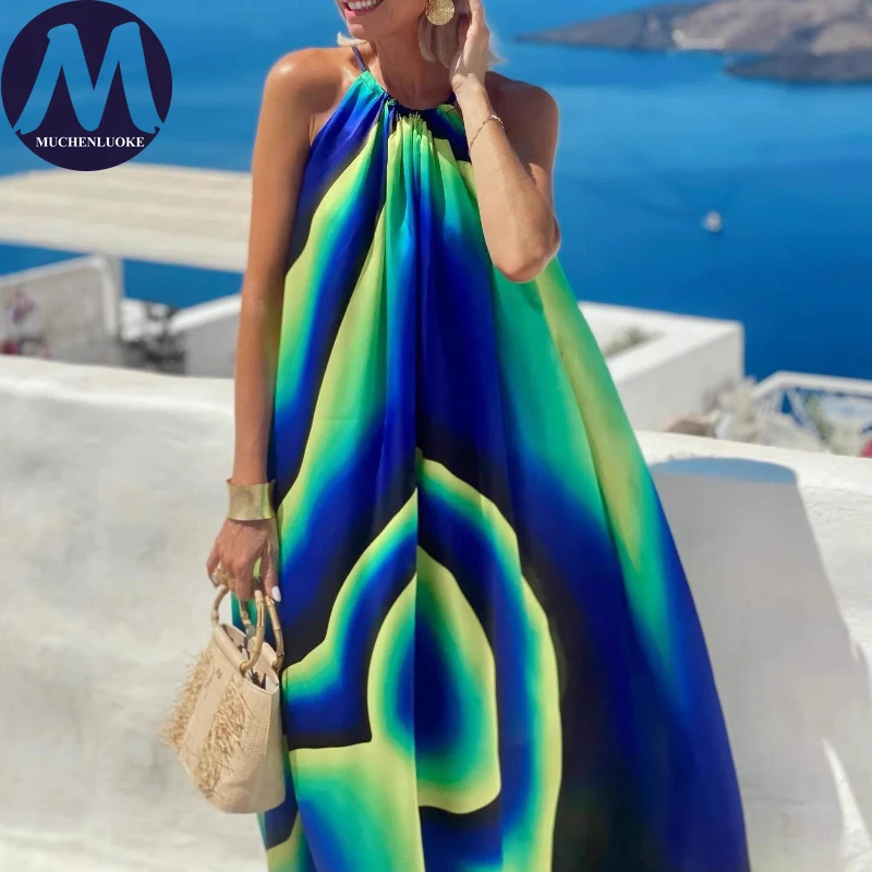 Elegantes Ärmelloses Neckholder-Kleid mit Rückenausschnitt und Aufdruck für Damen, Modisches Sommerkleid für Strand und Urlaub